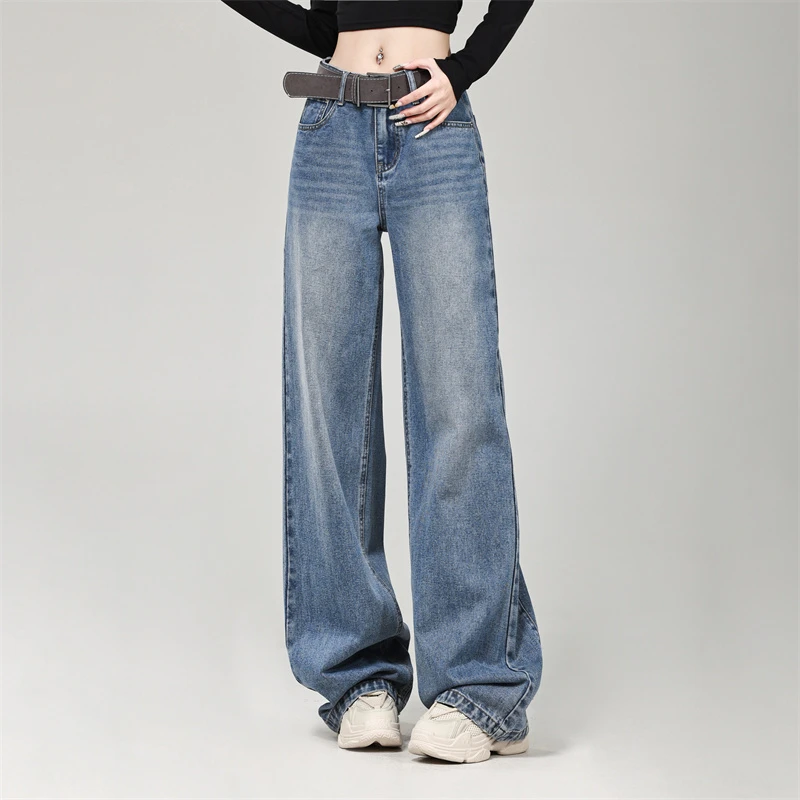裤子女款小个子美式复古直筒蓝色女新款中腰宽松垂感拖地阔腿裤