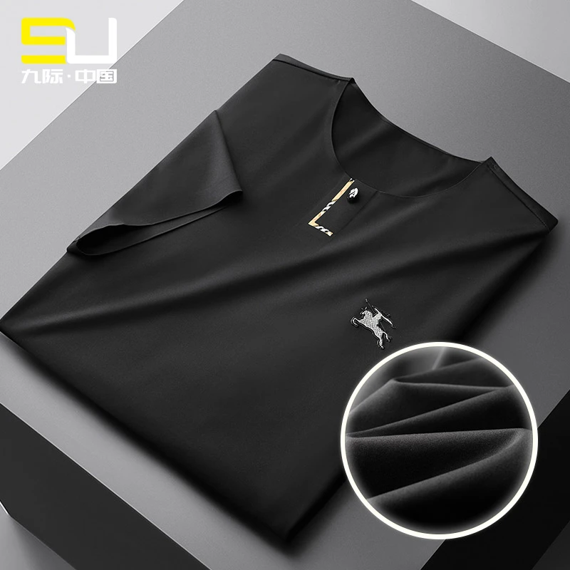 高端男士大码亨利圆领刺绣短袖T恤2025夏季新款弹力冰丝透气速干