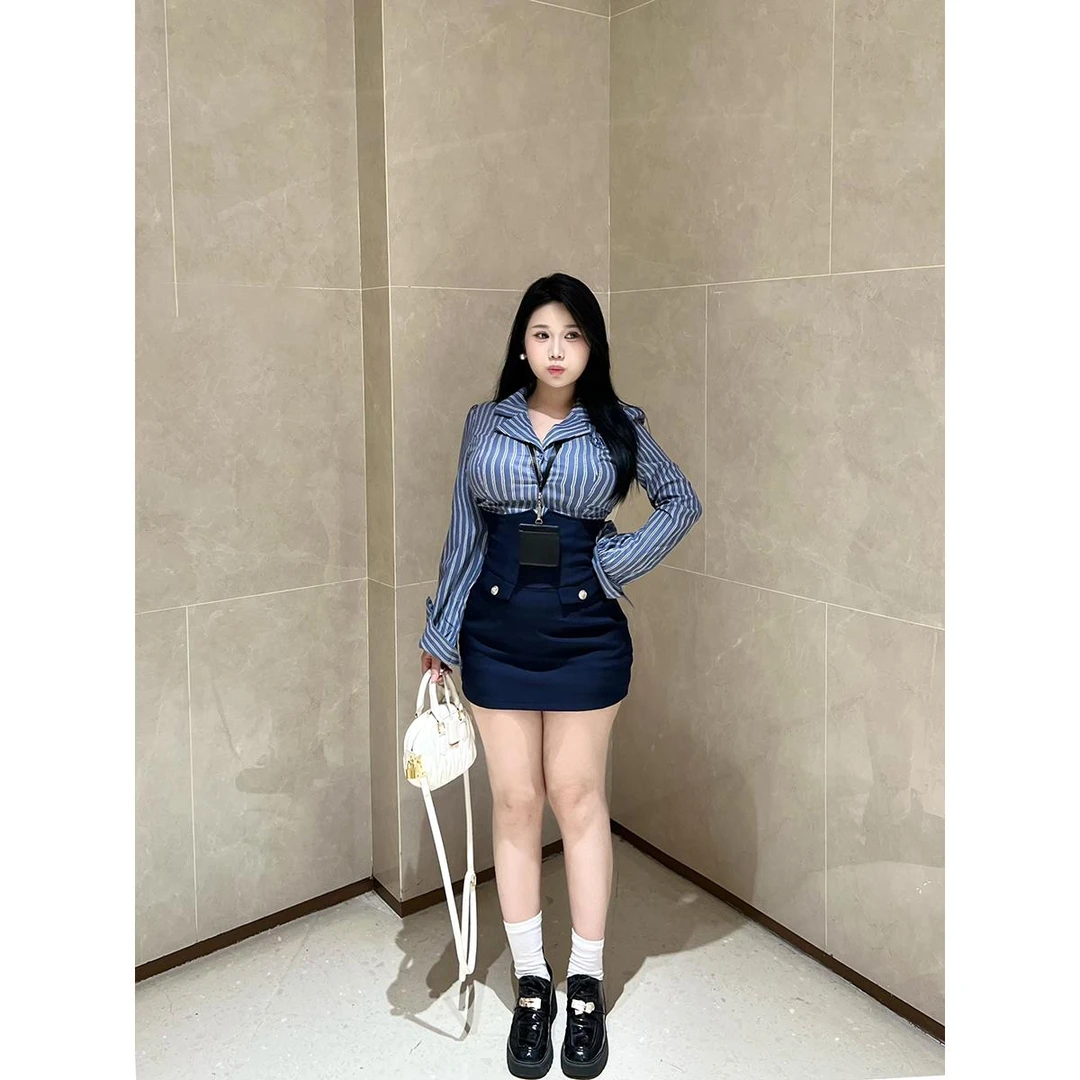 醉月衫 秋季甜辣微胖MM学院风上衣衬衫高腰半身裙大码女1194-2238