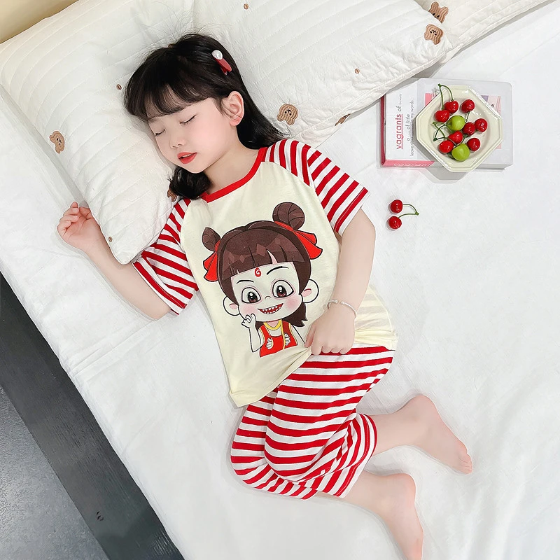 女童睡衣莫代尔夏季薄款宝宝哪吒家居服套装儿童小女孩空调服夏天