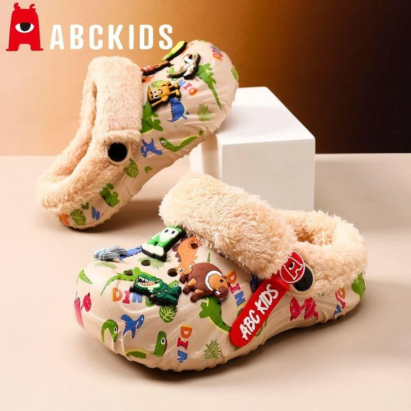 Abckids儿童棉拖鞋男童山海经棉鞋eva软底毛毛保暖加绒洞洞鞋男孩