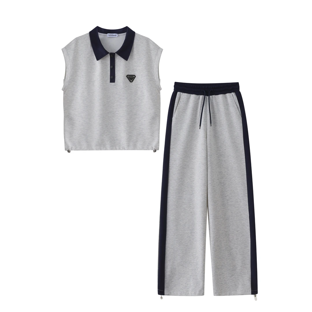 【姿姐专属】两件套抽绳款拼接撞色夏款套装短袖上衣直筒裤X25016