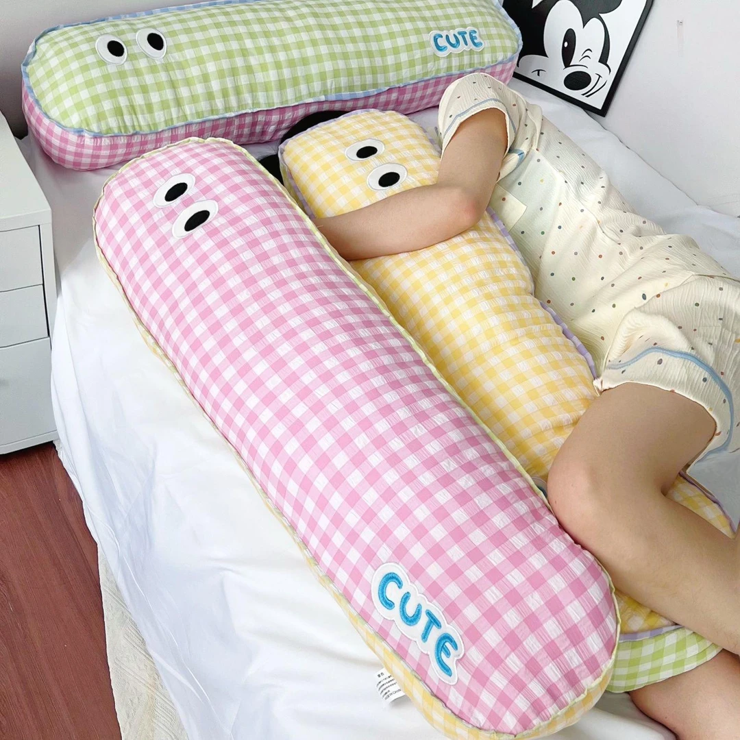 泡泡纱格子长条抱枕卧室宿舍多功能夹腿靠垫超软靠枕可拆洗枕头