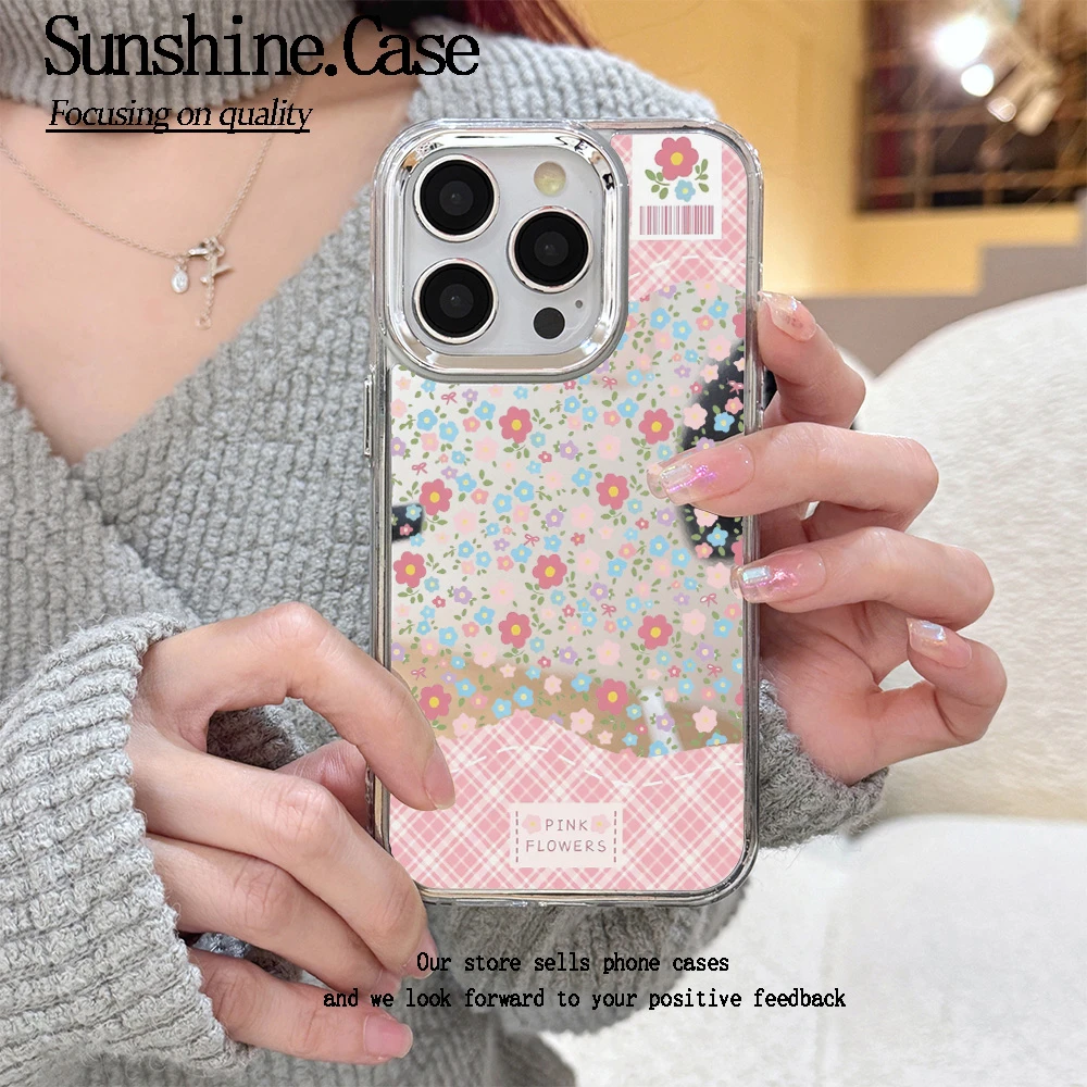 粉色碎花镜面手机壳电镀框适用苹果16pro/15华为oppo小米vivo