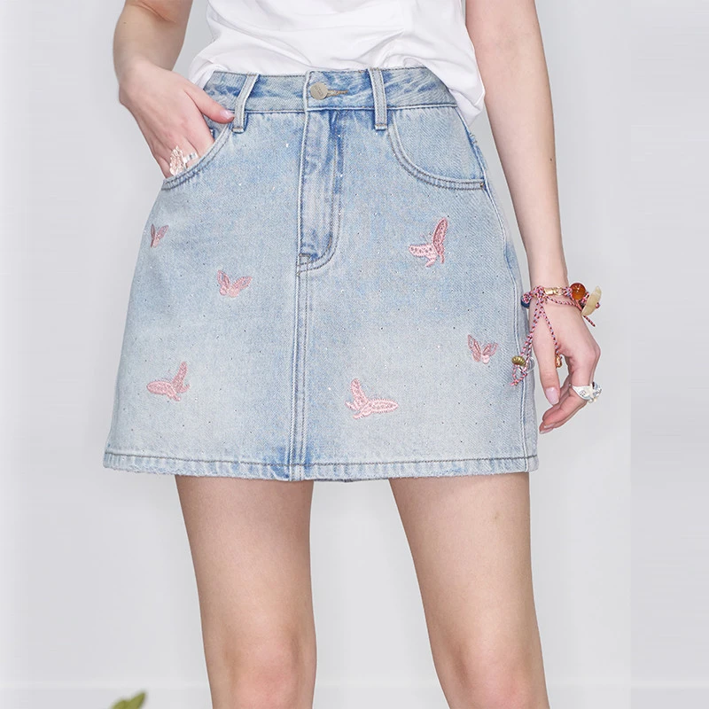 妖精的口袋2025年春季新款甜酷风高腰a字短裙蝴蝶刺绣亮钻牛仔半