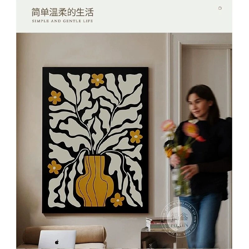 美拉德抽象花卉装饰画黑白灰客厅沙发背景墙意境Y08