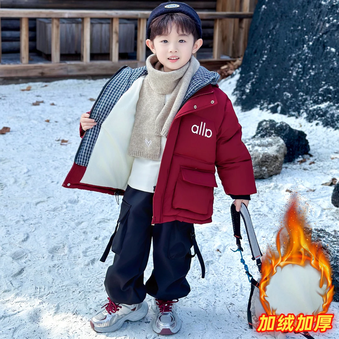 连帽中长款冬装冬季洋气锁温蓄热儿童服装宝宝加绒羽绒棉服假两件