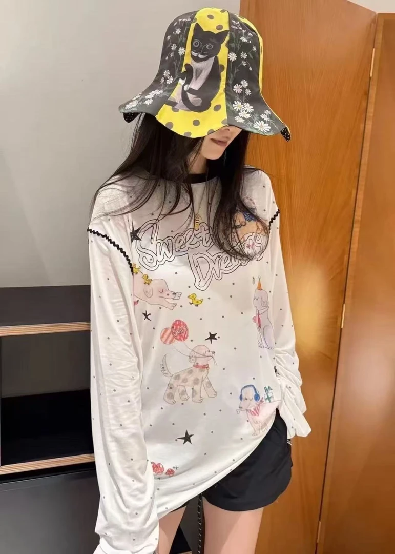 （小狗杂技团）韩国代购特殊印花波点T恤女新款薄款上衣潮C913