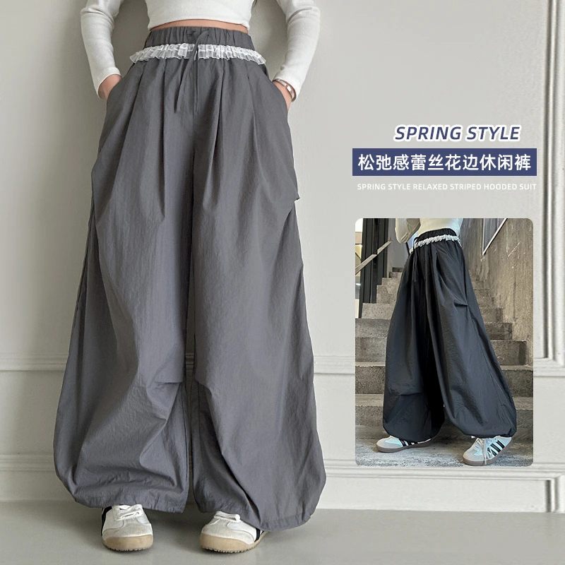 女童花边阔腿裤春秋2025新款6-12岁中大童女款春季网红爆款工装裤