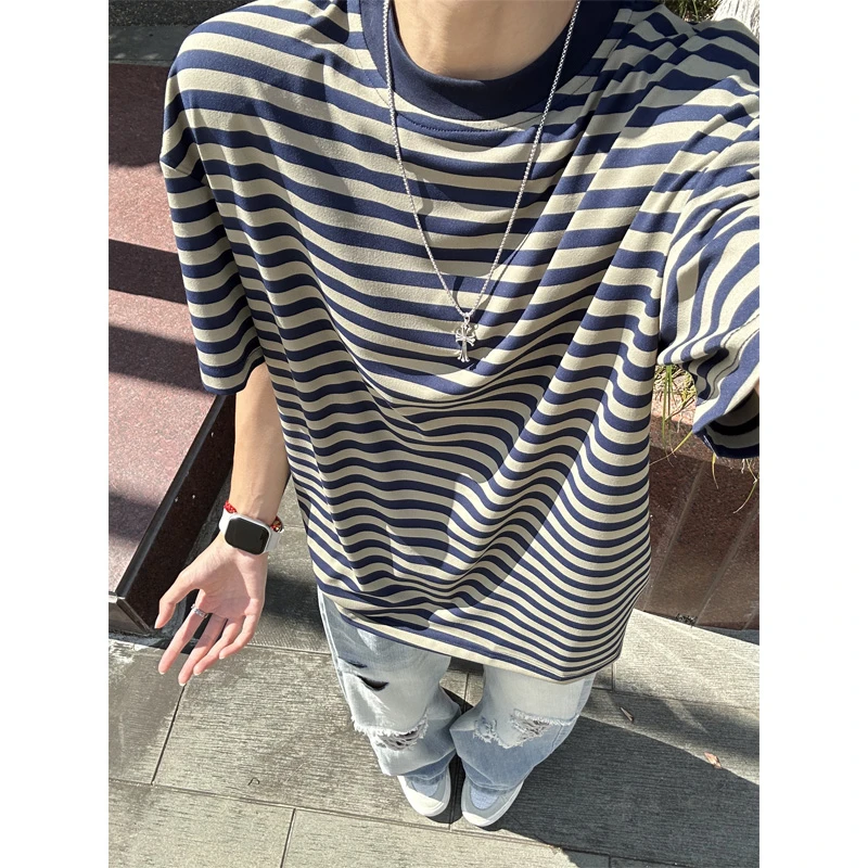 美式复古撞色条纹短袖男女款夏季凉感圆领正肩t恤小领口重磅半袖