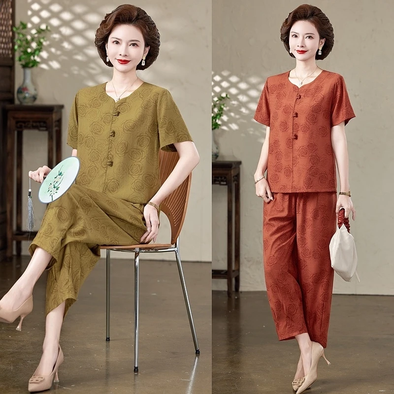 【套装】夏季中年妈妈休闲宽松洋气气质新款中老年短袖大码两件套