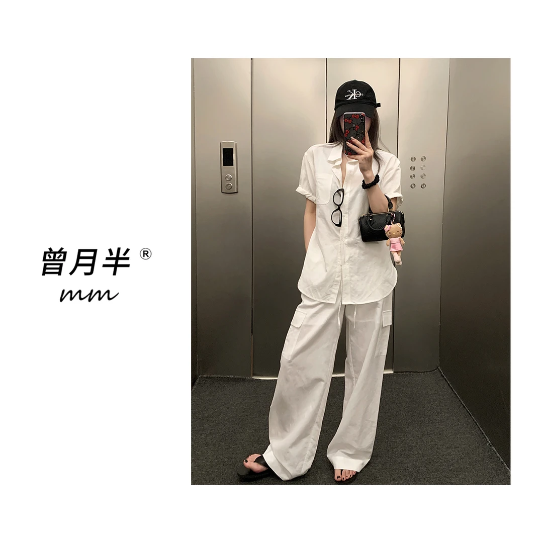 曾月半《私服工装麻》新钱风质感卷边短袖衬衫+防透工装裤！ZS1131
