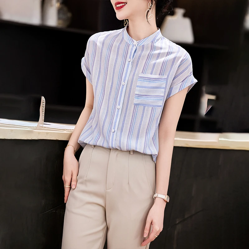 杭州品牌双绉真丝衬衫女短袖2025夏季新款时尚条纹小衫桑蚕丝上衣