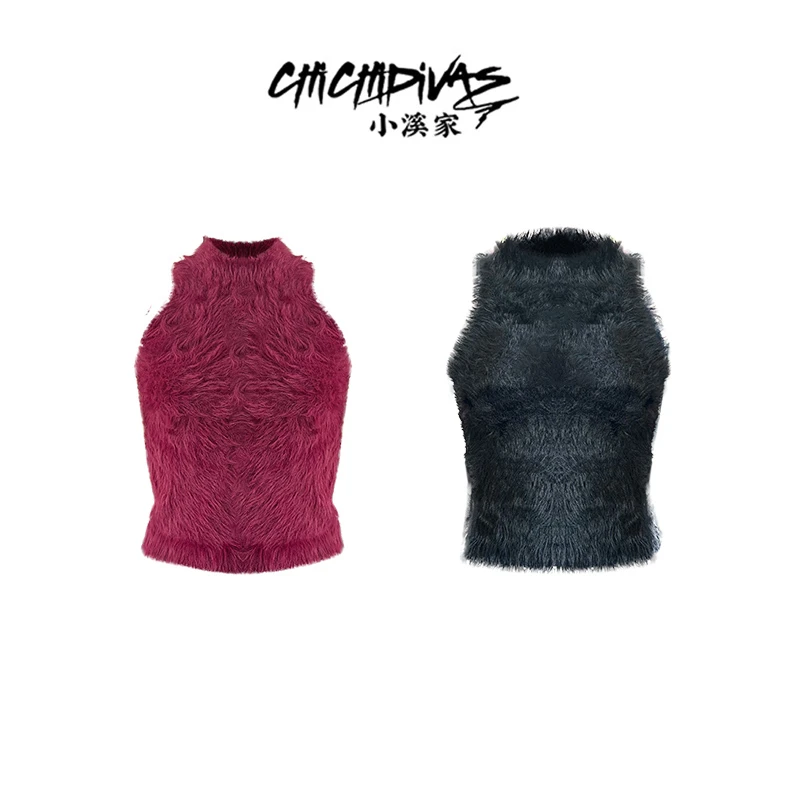 （小溪家）半高领毛茸茸无袖背心新年红色气质性感软糯修身上衣