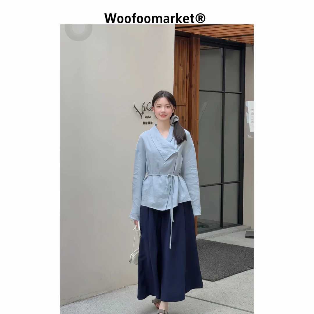 【是我的海】100%亚麻手洗 气质系带显瘦翻领小衫女春季 CY683