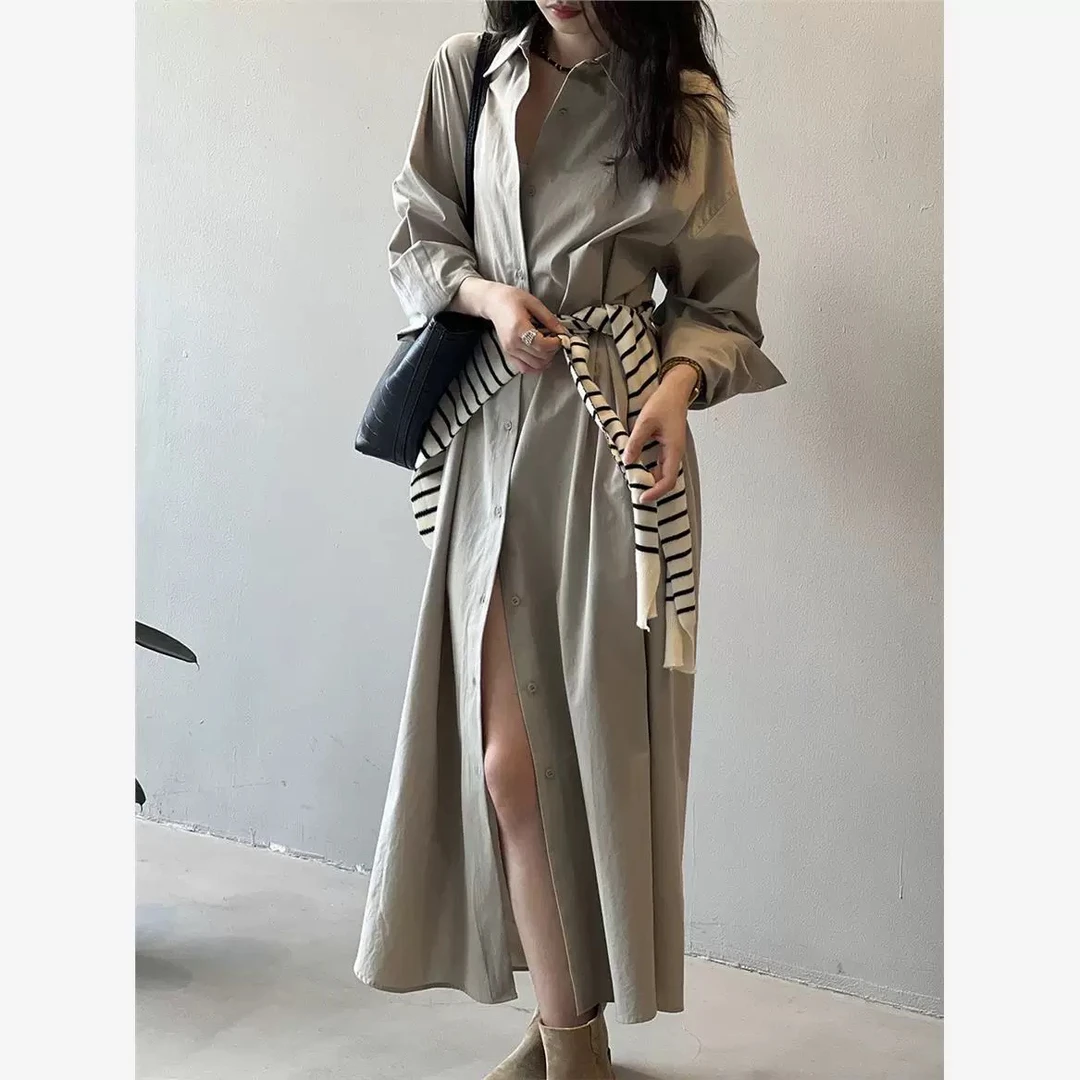 时尚衬衫领单排扣纯棉裙2025春季新款气质小众衬衫裙