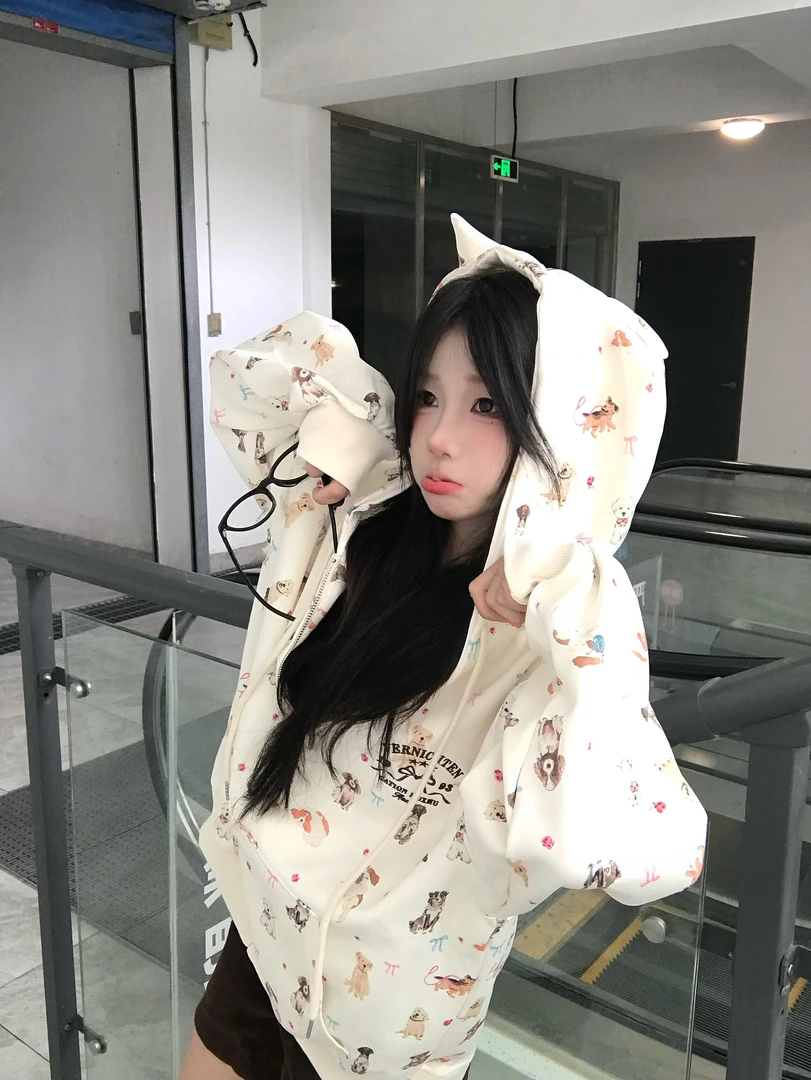 复古满印小狗耳朵长袖连帽开衫卫衣女秋季慵懒风宽松休闲百搭外套