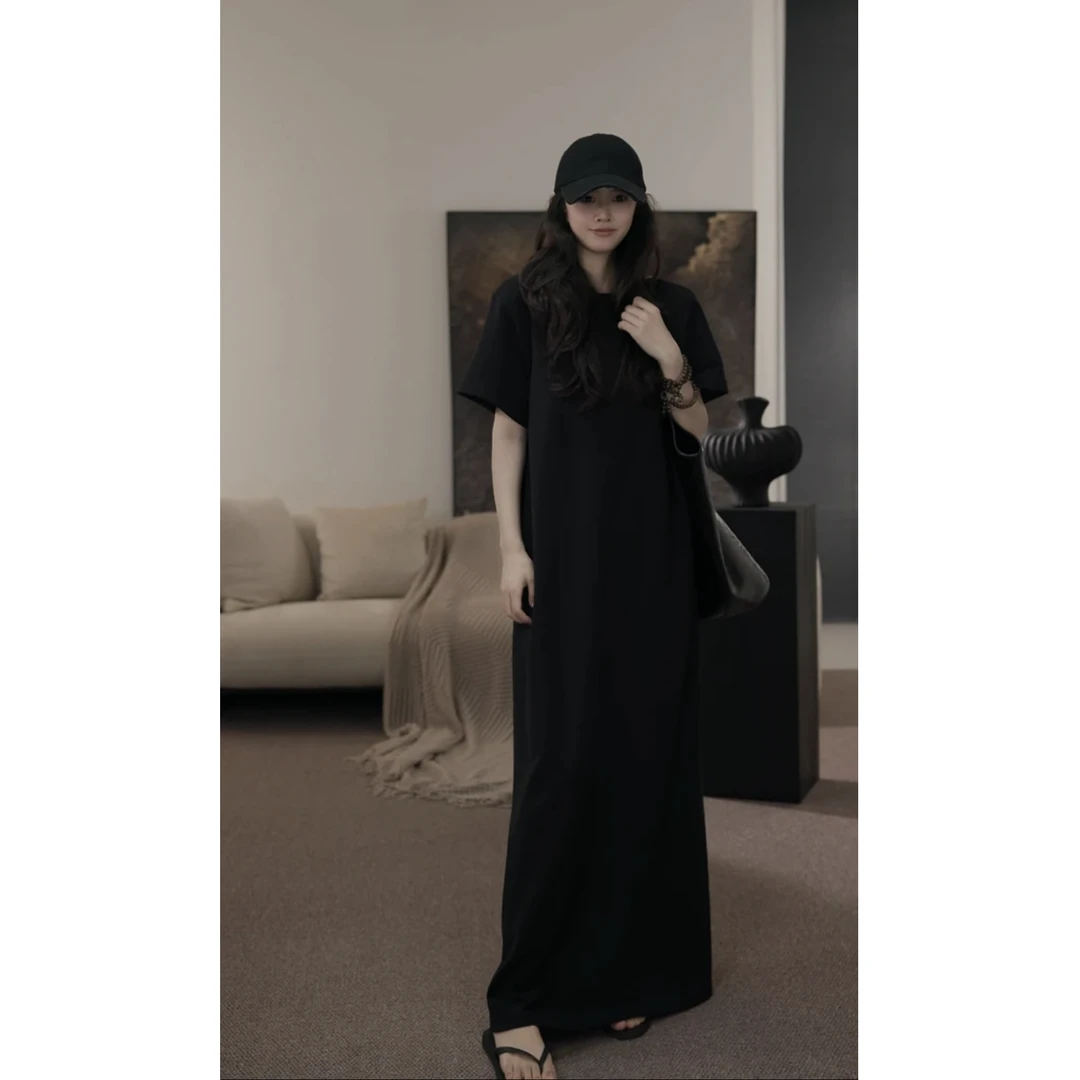 2025夏季慵懒风休闲长款裙子女微胖大码宽松显瘦短袖高级感连衣裙