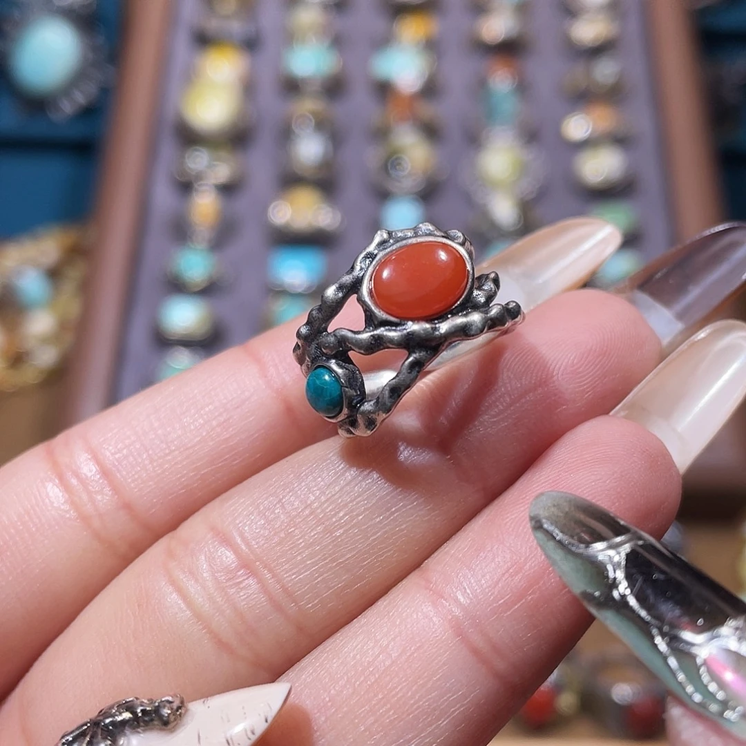 财***Y南红玛瑙银S925镶嵌戒指戒指