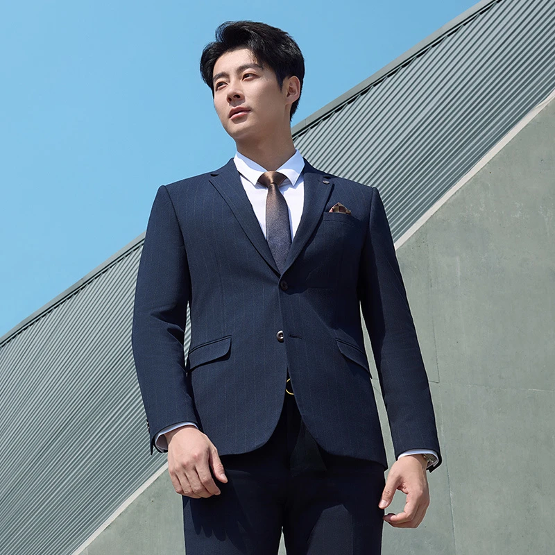 莱克斯顿男装秋款西装职场正装后中叉条纹二扣修身版3030140206