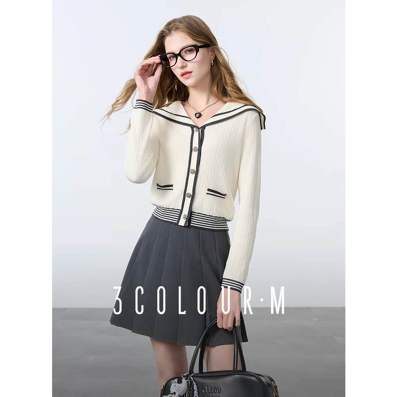 三彩女装2025春季新款撞色短款减龄针织衫开衫外套海军领长袖M