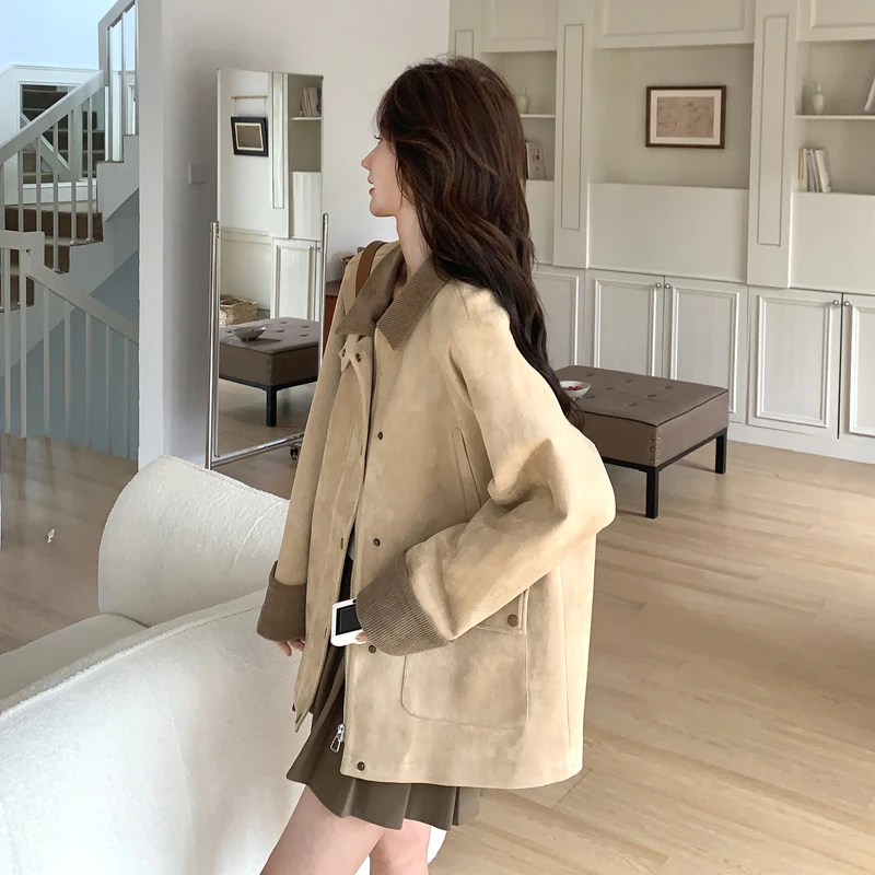 学院风卡其色休闲麂皮绒外套女2025新款秋季小众计感独特宽松上衣