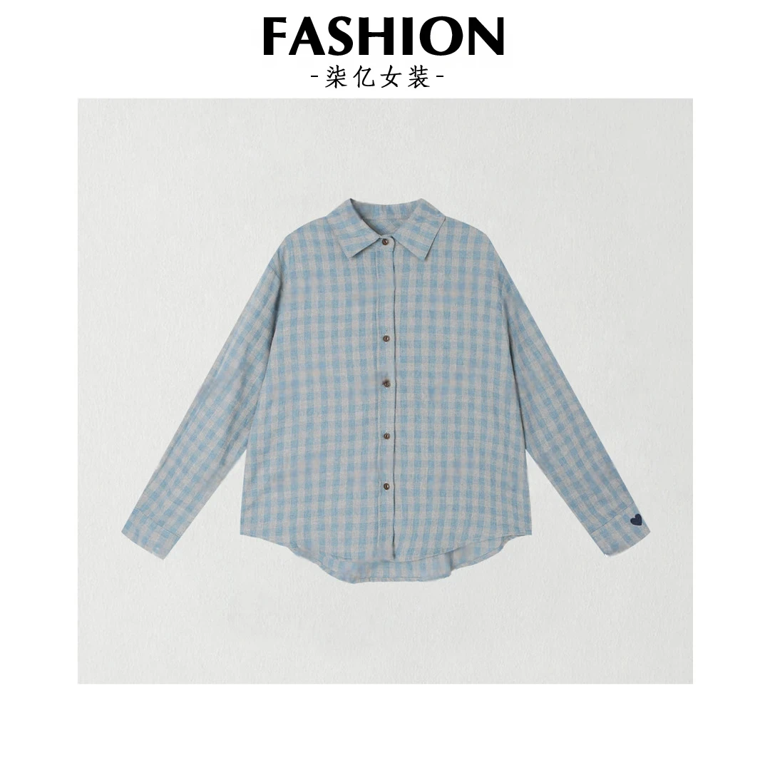 新款小众设计极简风浅蓝色翻领格子衬衫叠穿宽松针织马甲两件套