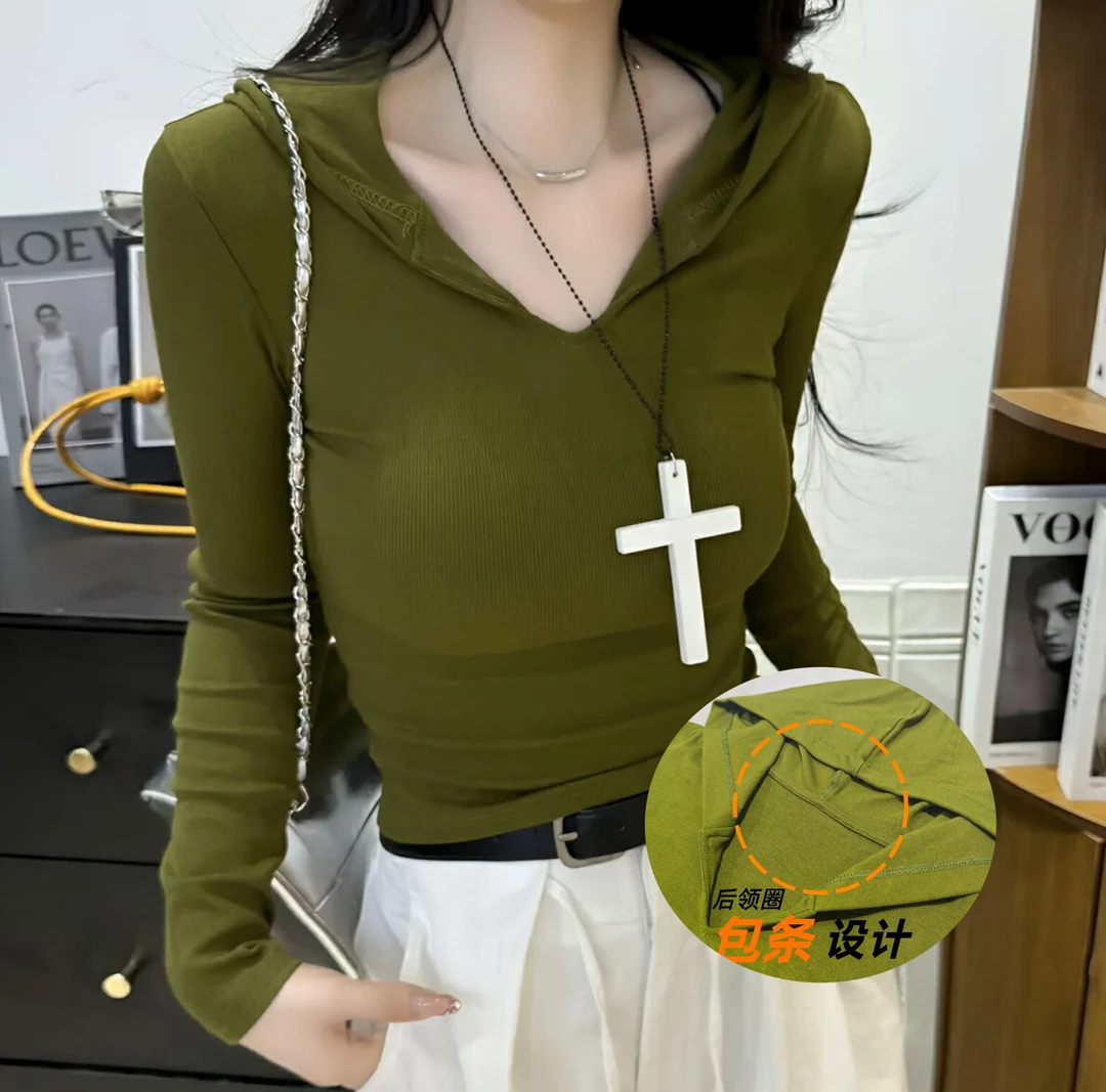 2025早秋新款纯色韩版休闲通勤风纯欲连帽领设计显瘦修身长袖T恤