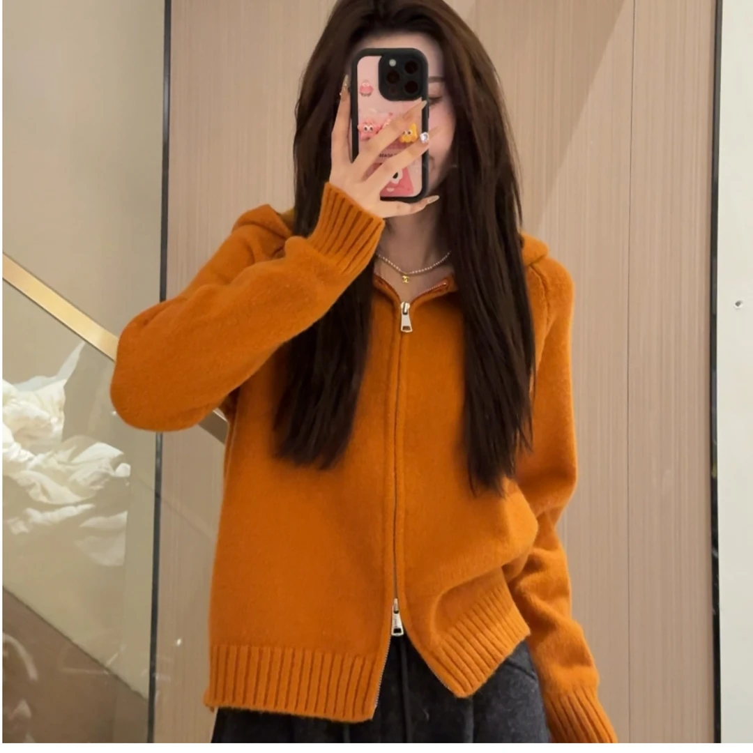 【三条北极绒】连帽针织开衫女双拉链小众设计感毛衣外套针织衫