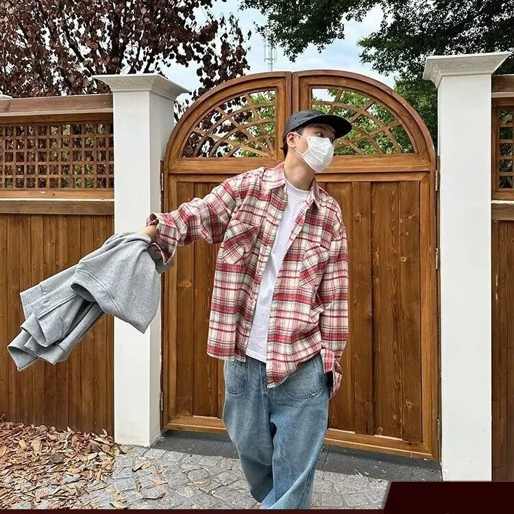 S52春秋季格子长袖衬衫男女日系港风ins宽松衬衣百搭休闲上衣