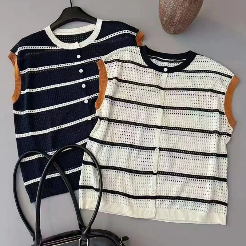 小香风条纹宽松型时尚无袖针织背心