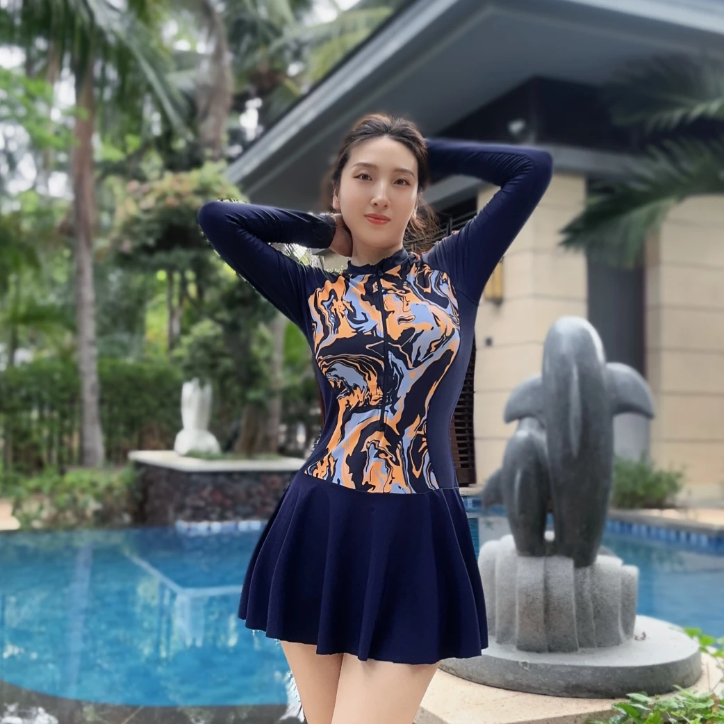 【炫彩花色】运动连体遮肚保守裙式平角大码泳衣女温泉冲浪度假