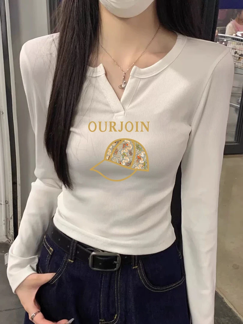 辣妹白色V领上衣减龄显瘦女款t恤穿搭漂亮纯欲新款春秋长袖打底衫