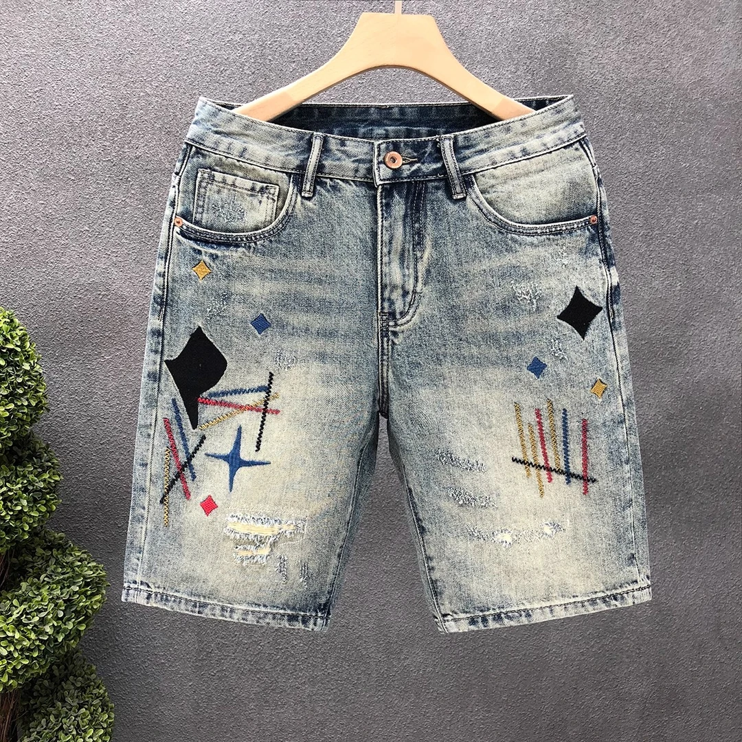 高街复古破洞刺绣牛仔裤短裤男士薄款休闲五分裤时尚个性直筒中裤