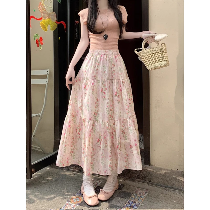 夏季温柔风粉色碎花印花气质字半身长裙女松紧腰百搭蛋糕裙2023