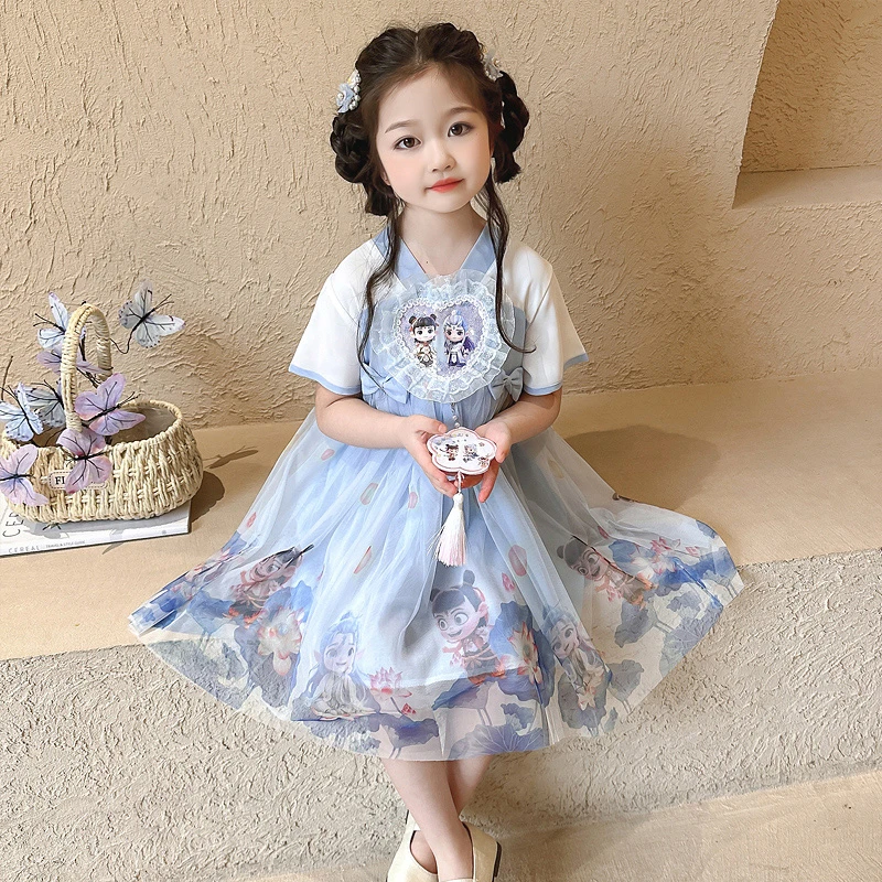 小女孩3-6岁夏季哪吒汉服古风连衣裙新款新中式绣花公主裙子