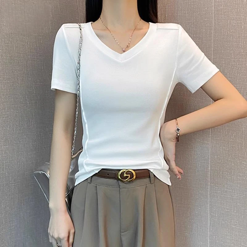 2025新款白色V领鱼骨短袖t恤女春夏低领修身显瘦打底半袖上衣棉