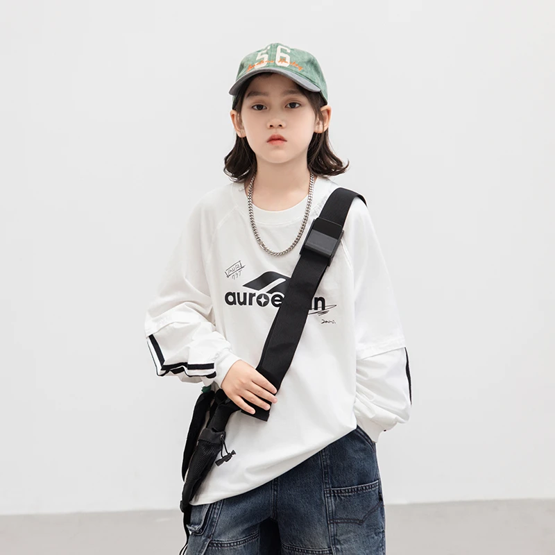 男童纯棉字母假两件长袖T恤春秋款2025儿童休闲百搭打底衫中大童