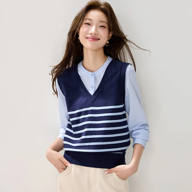 条纹针织马甲拼接长袖衬衫女2025秋季新款韩系穿搭减龄假两件上衣
