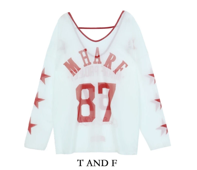 春夏新款创意运动风阔版大V领露背款网纱宽松百搭防晒罩衫长袖T恤