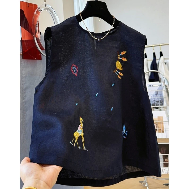 00436重工刺绣韩系独特漂亮无袖亚麻上衣女夏季外穿马甲背心小衫