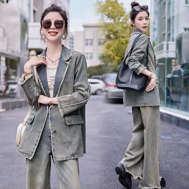 韩版炸街复古休闲西服牛仔套装女2025春秋新高级感阔腿裤两件套潮