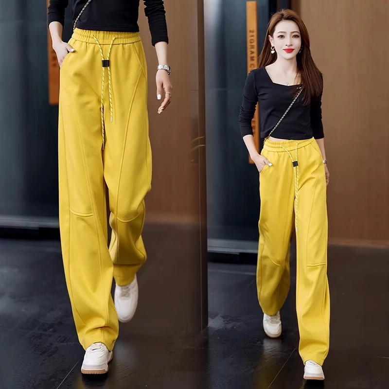 黄色直筒阔腿裤高腰裤女士2025春秋季新款小个子香蕉裤弯刀卫裤子