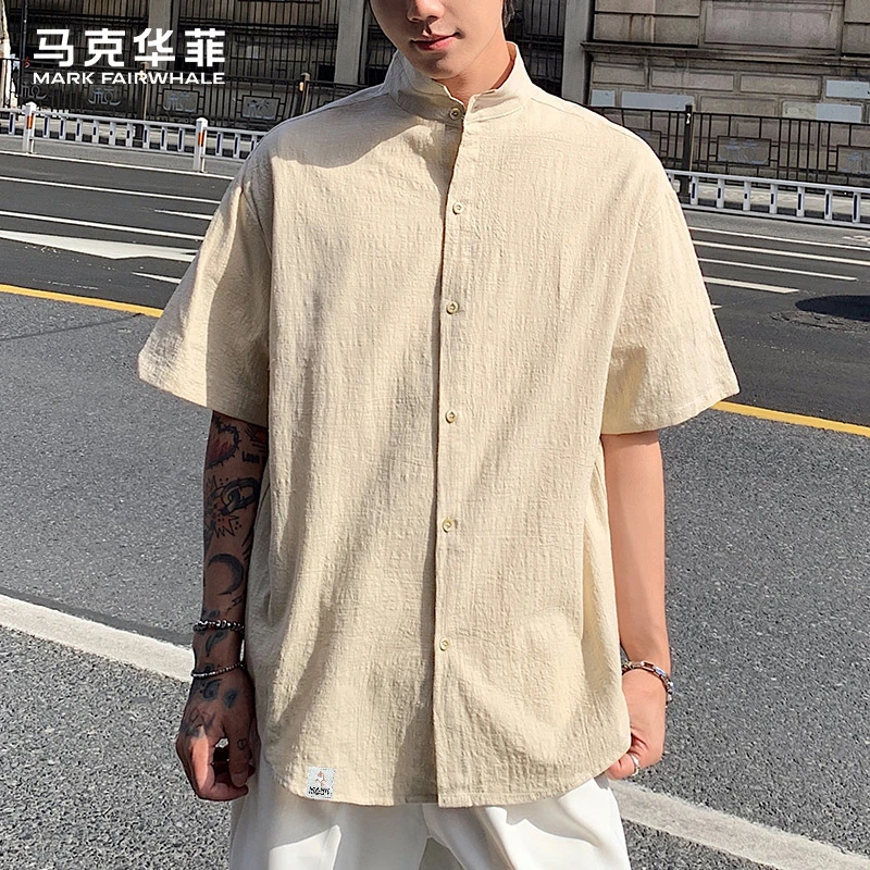 马克华菲短袖衬衫男士韩版立领潮流夏季薄款港风休闲短袖上衣男