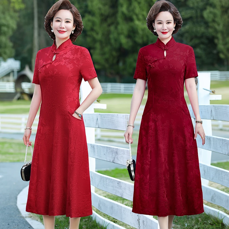 夏季短袖改良旗袍中老年女装妈妈斜襟复古新中式宴会婚礼服旗袍裙