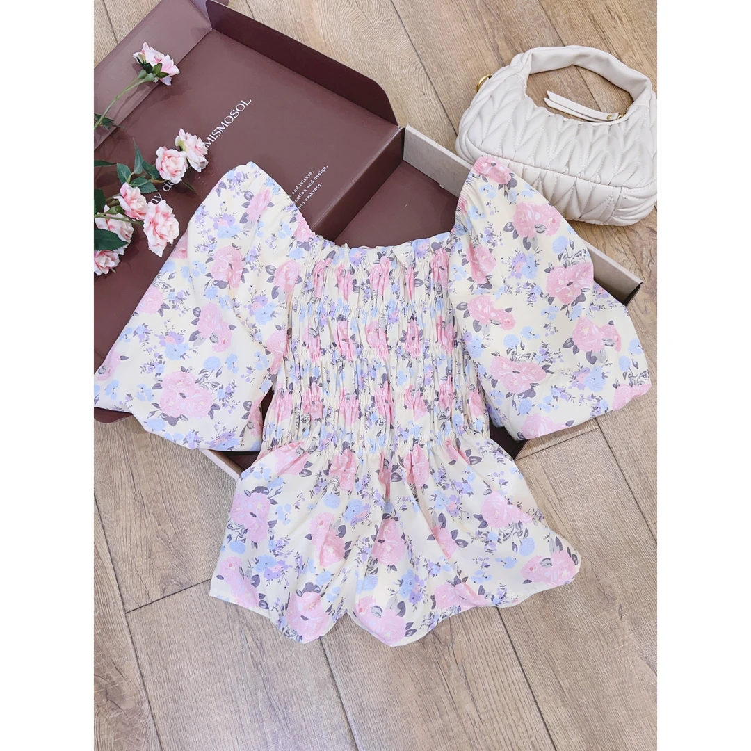 丨夏季新款粉色扎染印花收腰泡泡袖衬衫 AL0389