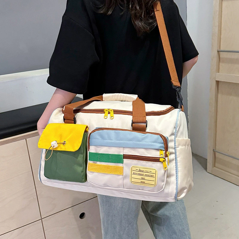 撞色休闲运动健身包女大容量旅游手提斜挎行李包短途出差旅行包男
