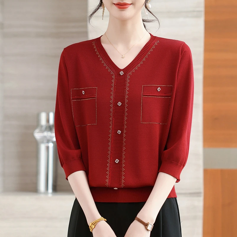 小香风七分袖上衣女宽松妈妈气质V领薄款早秋毛针织衫鸡心领小衫
