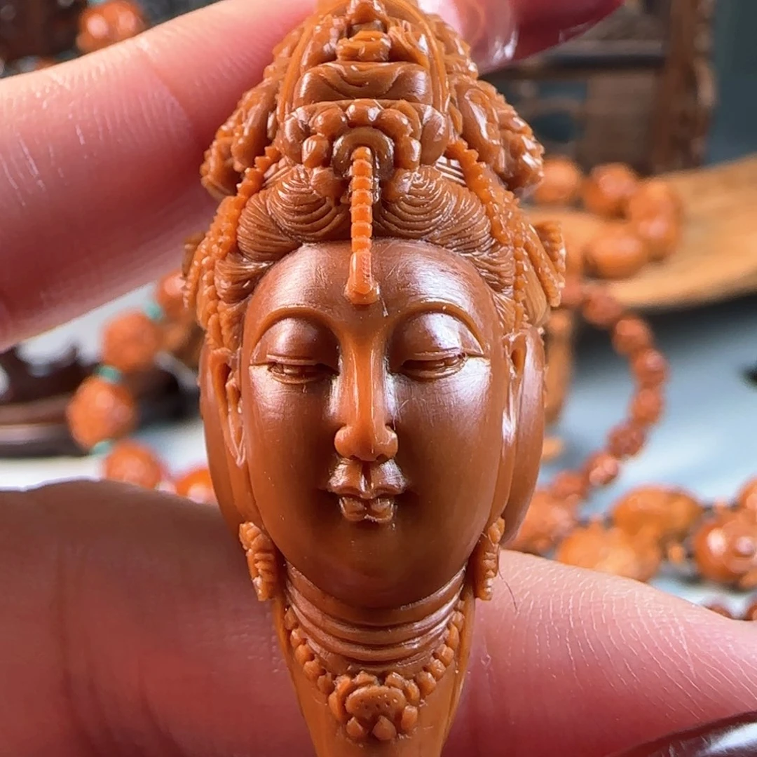 橄榄核手串/手链宽2.3鸡血红水晶核三面观音万佛朝宗单籽