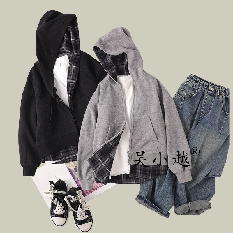 吴小越w1431男童秋装连帽拉链开衫拼格子卫衣长袖中大童儿童外套